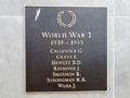 Square bronze plaque with list of names in gold under picture of a laurel wreath and heading World War 2 1939-1945