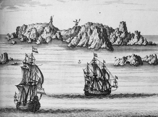 Drawing of Abel Tasman’s ships near Three Kings Islands