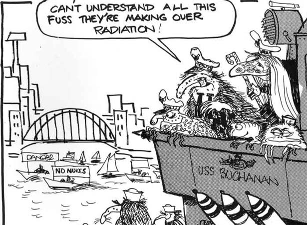 USS Buchanan entering Sydney Harbour anti-nuclear cartoon