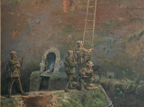 Men of New Zealand Rifle Brigade scaling the walls of Le Quesnoy