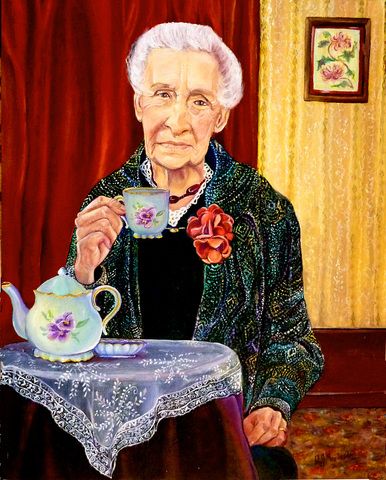 painted portrait of an eldery woman holding a teacup at a lace covered table. 