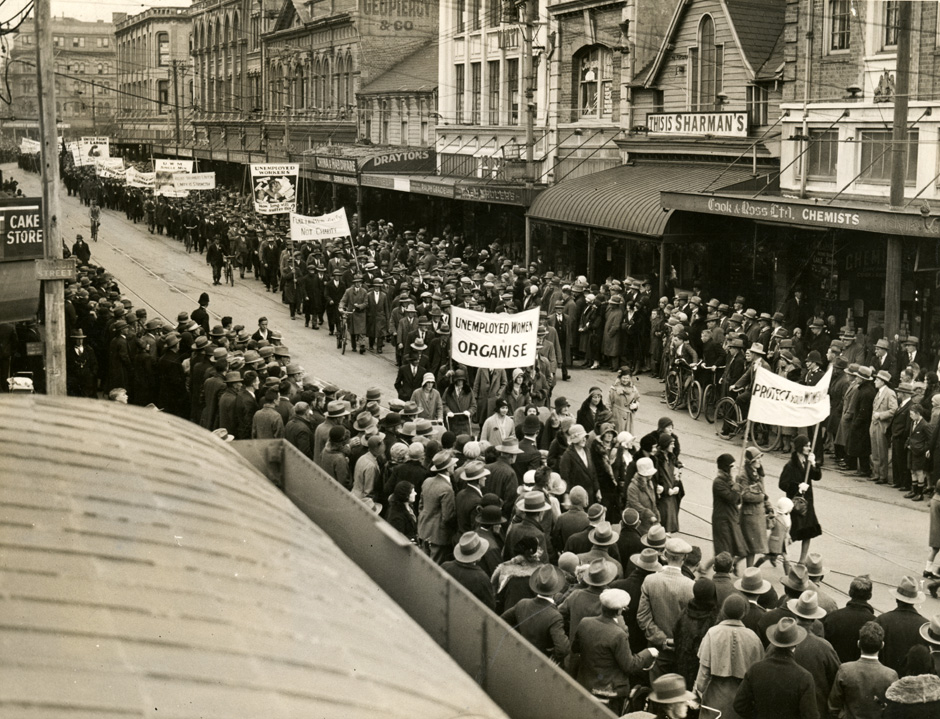Women leading a demonstration against unemployment, Christchurch, 1932