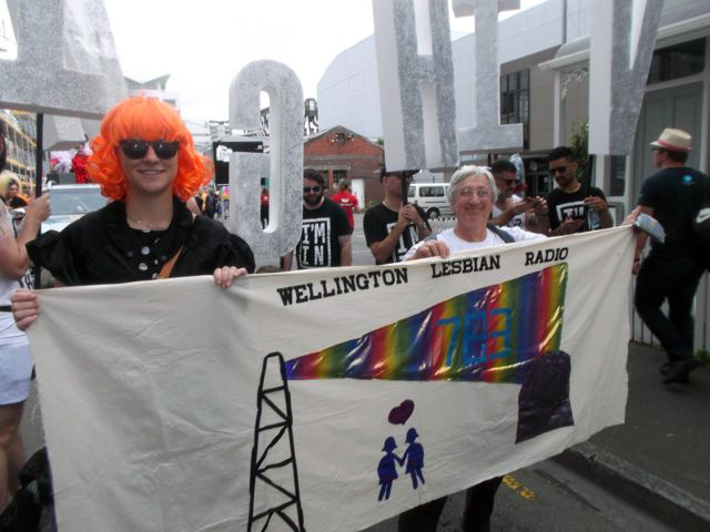Prue Hyman (right) taking part in Pride 2018 to promote Wellington lesbian radio