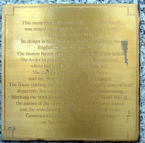 Palmerston North Memorial rededication plaque