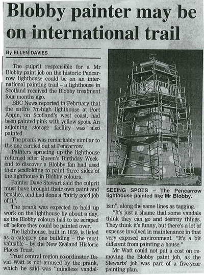 Article about Mr Blobby paint job on Pencarrow Lighthouse