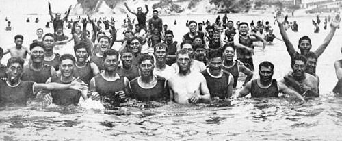 Maori and Niuean soldiers swimming near Narrow Neck Camp, 1916