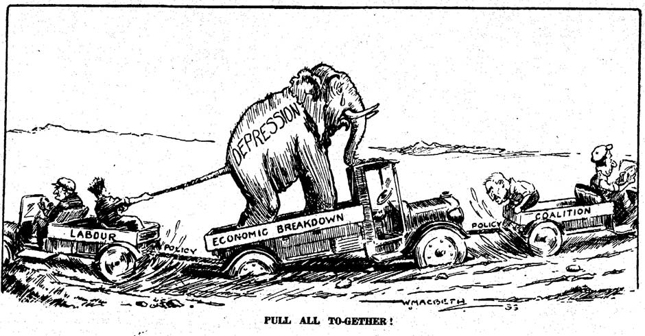 Pull together Depression cartoon, 1933 | NZHistory, New Zealand history  online