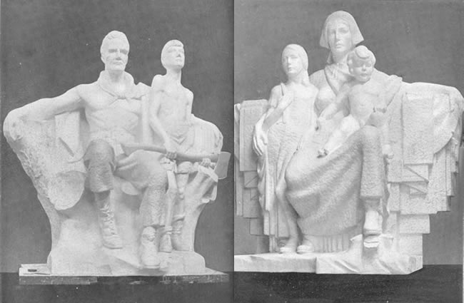sculpture of pioneer man and son and woman and daughter