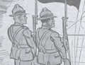 cartoon of Māori and Pākehā soldiers on guard