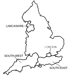 Map of England showing areas listed in table