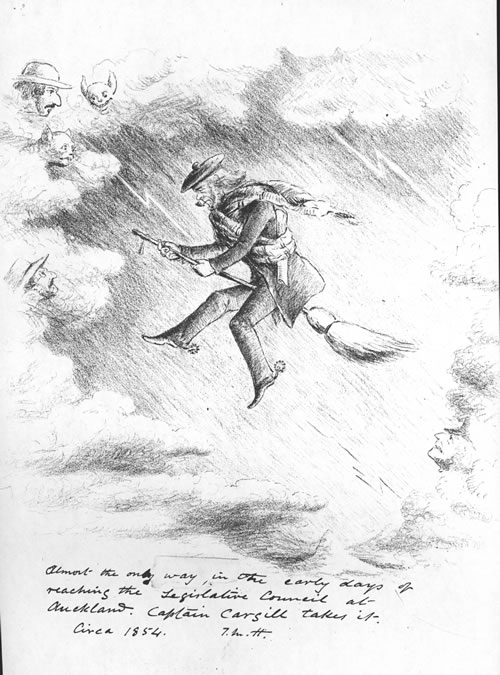 Drawing of MP on broomstick
