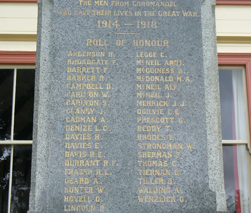 Coromandel war memorial names