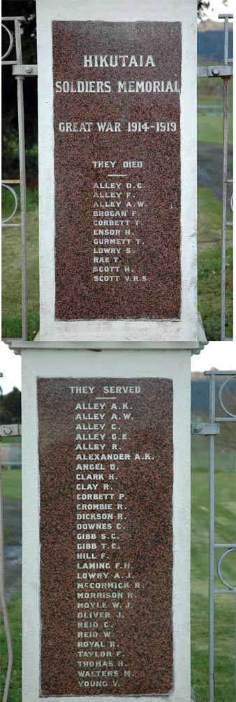 Hikutaia First World War memorial detail