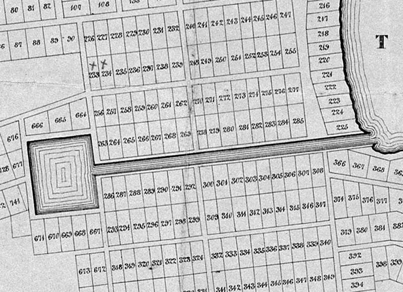 Detail of 1841 Wellington town plan with square grids and outline of water canal and inland harbour.