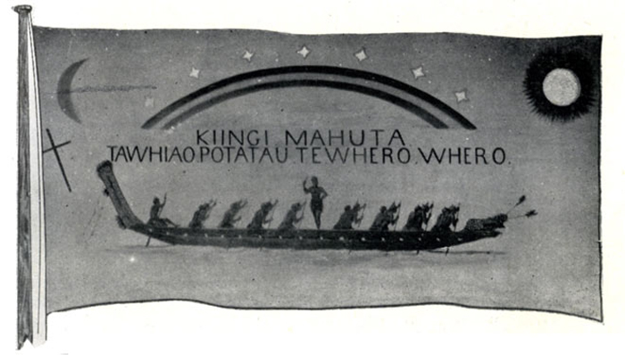 Kīngitangi flag with the name of Kiingi Mahuta Tawhiao Potatau Te Whero Whero printed on it