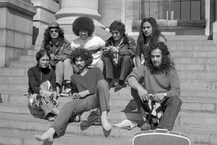 Members of the Māori activist group Ngā Tamatoa sit on Parliament’s steps in late 1972