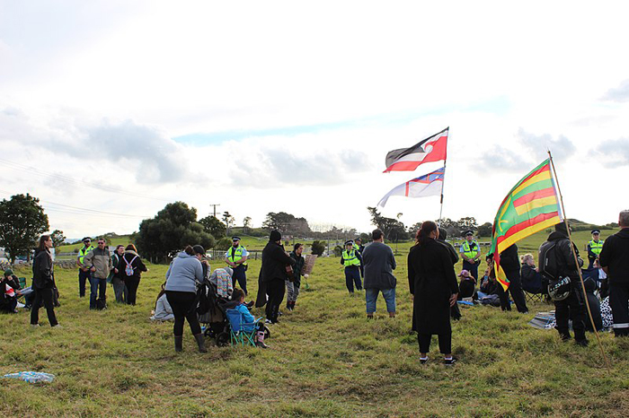 Protesters with flags in a field at Ihumātao facing line of police