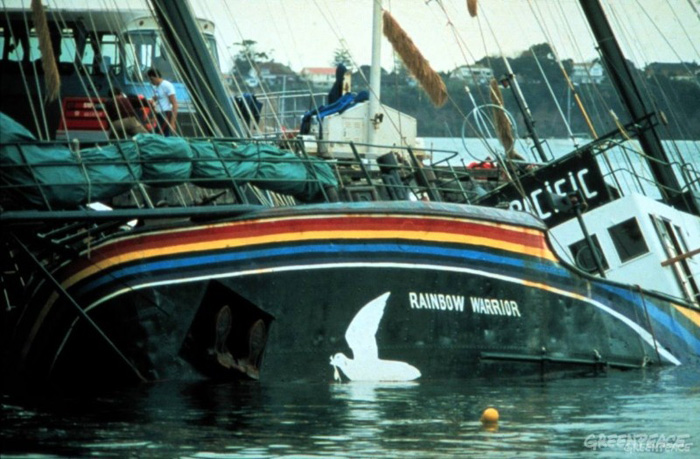 Rainbow Warrior boat half sunk at wharf