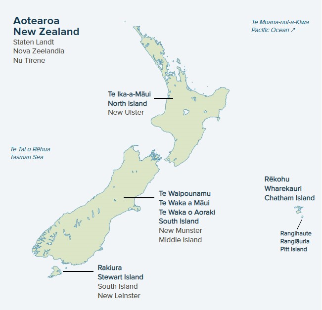 Map showing historic and contemporary place names for Aotearoa New Zealand, its main islands, and seas.