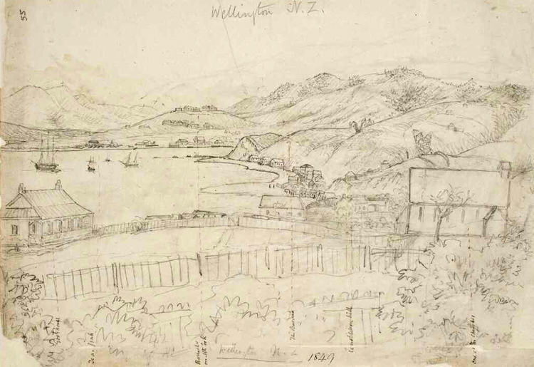 Pencil sketch of harbour with houses, gardens and rolling hills in the background