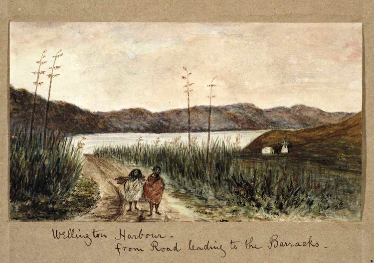 Painting of two figures walking along a dirt road surrounded by flax bushes