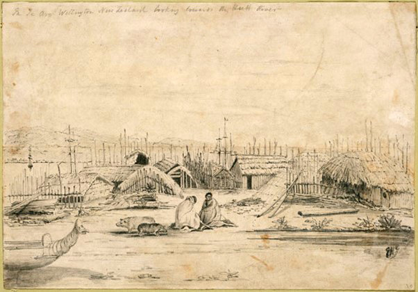 Drawing showing two figures in blankets and pigs sitting amongst houses and covered storage pits surrounded by palisade walls