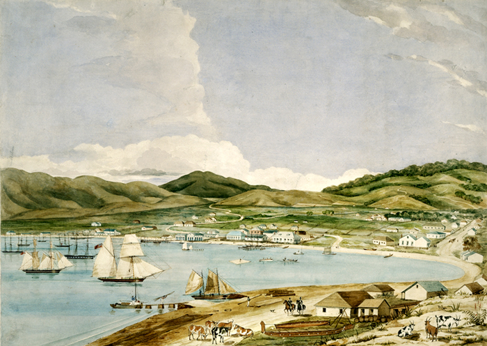 Painting of ships in harbour with green hills and houses in the background