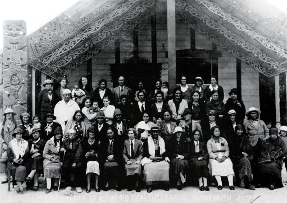 Women gathered in front of marae