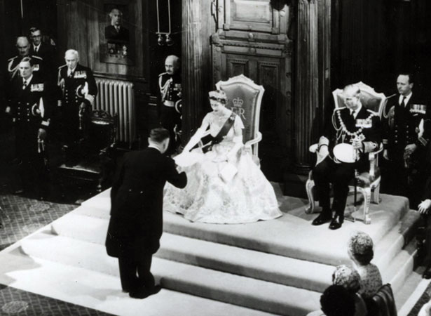 Queen Elizabeth II speaking in Parliament, 1954