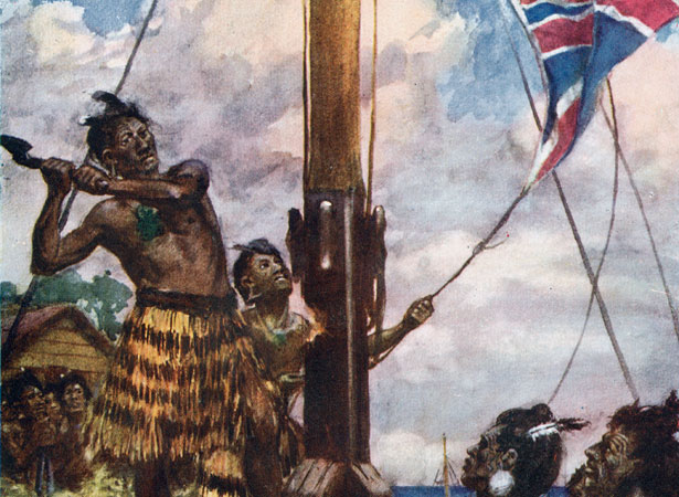 1908 painting of Heke cutting down the flagstaff