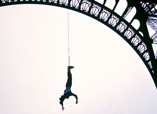 A.J. Hackett during his bungy jump from the Eiffel Towe