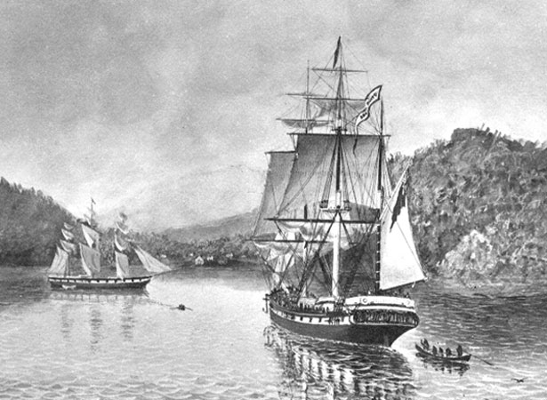 The John Wickliffe lies at anchor as the Philip Laing arrives at Port Chalmers, 1848