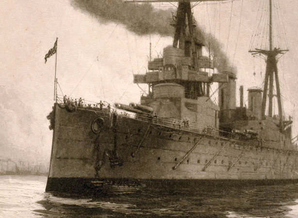 HMS New Zealand on the water with smoke pouring out of chimney.