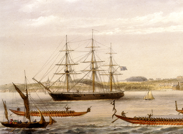 Watercolour of three-masted ship with Māori waka in the foreground.
