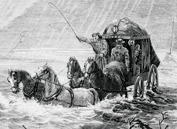 Cobb & Co. coach crossing the flooded Waimakariri River, 1875