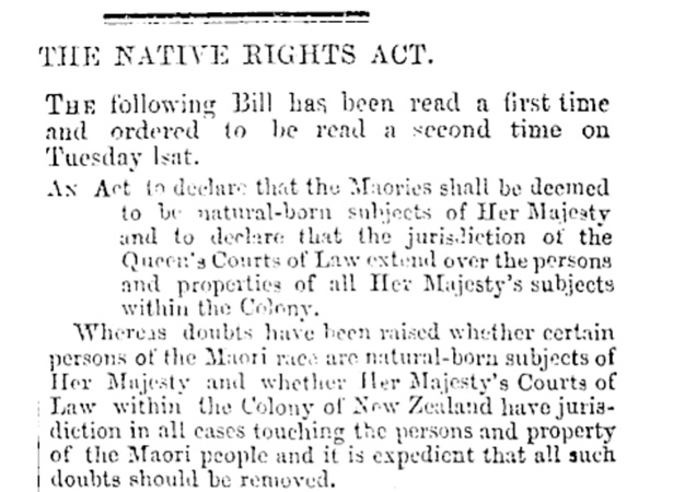 Newspaper report on the Native Rights Act