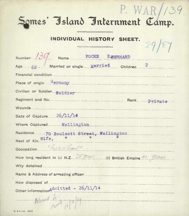 Eberhard Focke's Somes Island internment card
