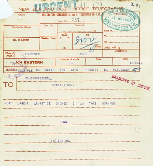 Armistice telegram received in New Zealand by Governor-General Lord Liverpool