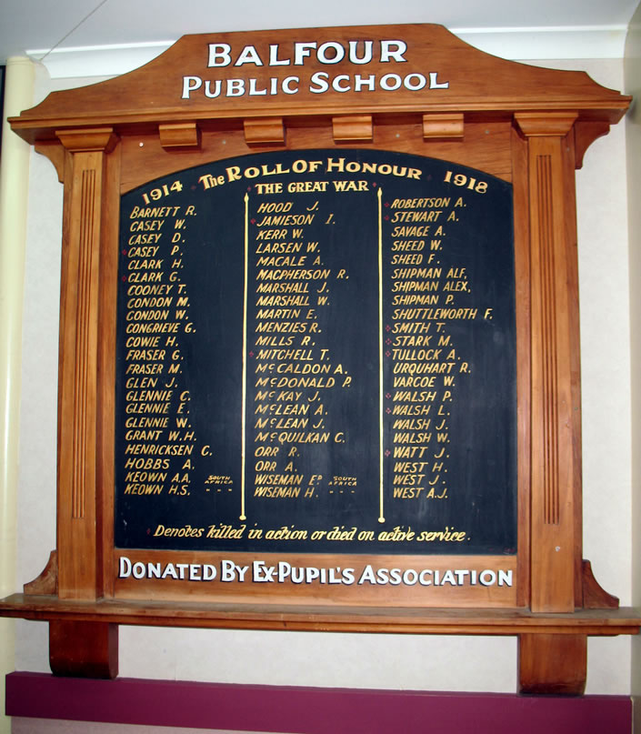 Balfour school Roll of Honour board
