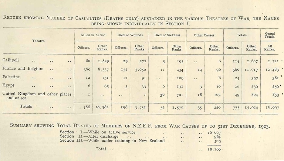 NZEF deaths by theatre of war, 1914-19