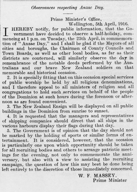 Anzac Day Gazette notice, 1916