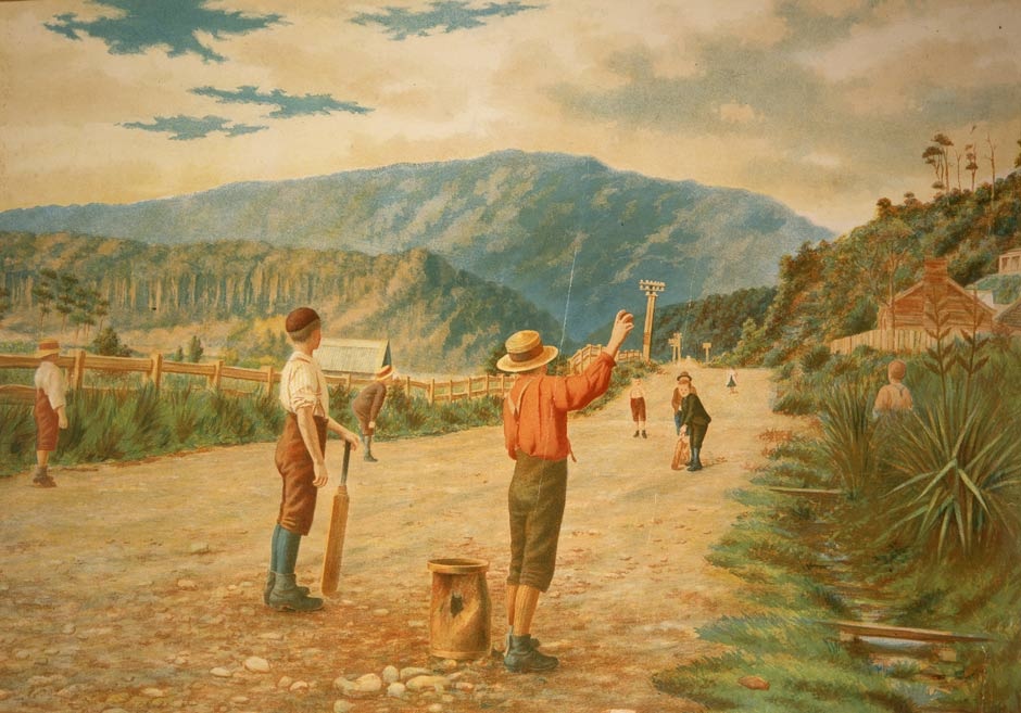 Boys playing cricket, about 1896