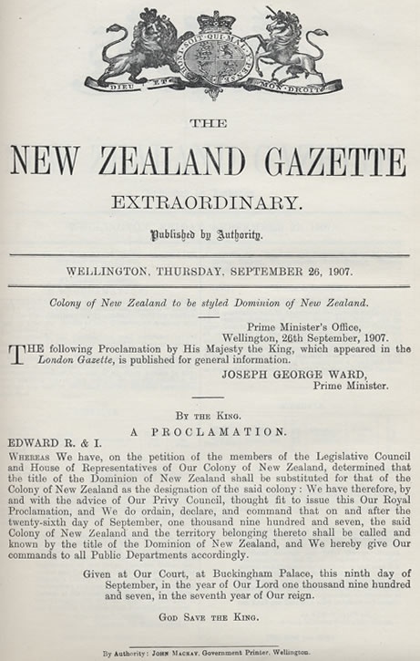 Dominion status Gazette notice, 1907