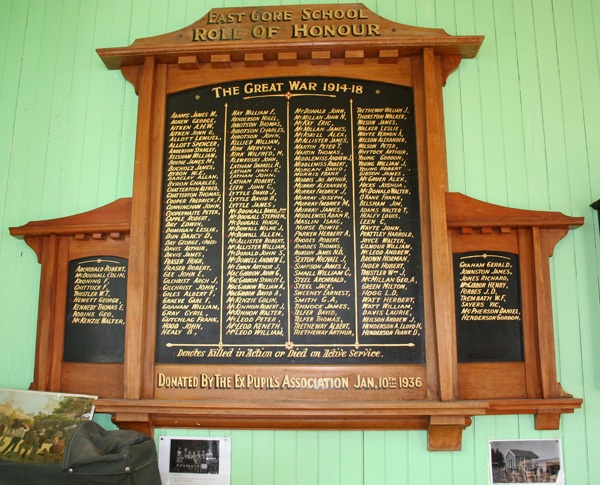 East Gore School roll of honour board