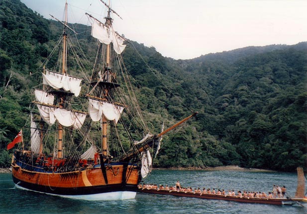 The replica of Cookâs Endeavour and the waka Te Awatea Hou