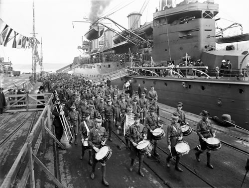 Military cadets marching on HMS <em>New Zealand</em>, 1913