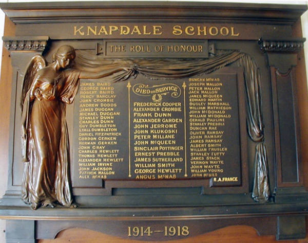 Knapdale School roll of honour board