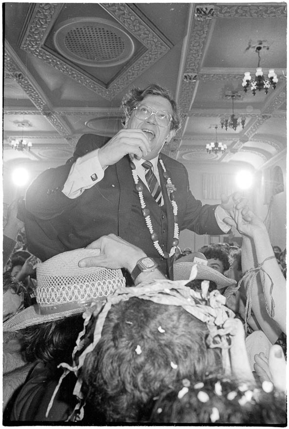 David Lange celebrating 1984 election victory