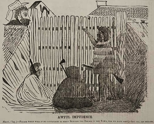 Māori at gates of New Plymouth cartoon