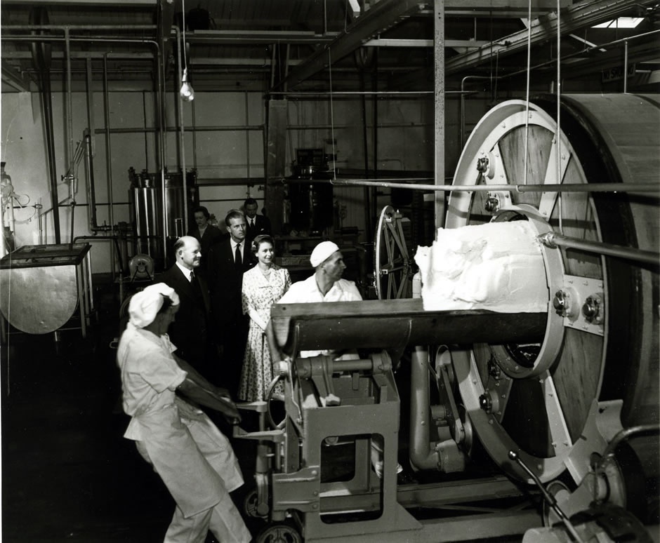 Royal couple at the Bell Block dairy factory, 1954